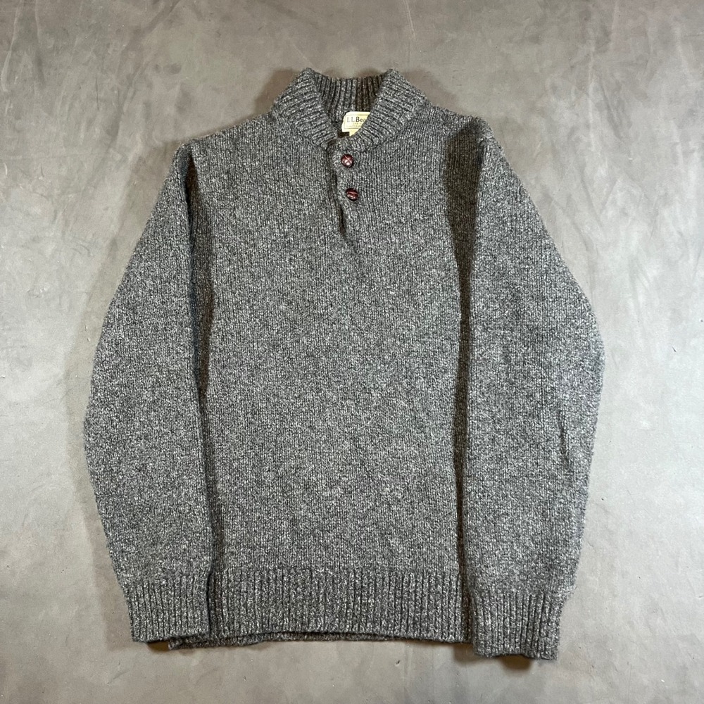 L.L. Bean Classic Ragg Wool Sweater Mens Size M Grey Knit Henley Lambs Wool